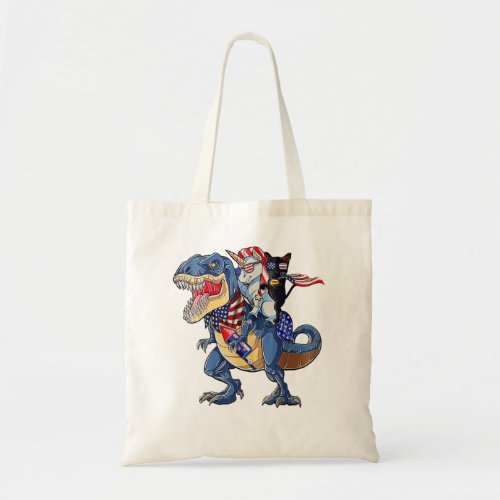 Funny Unicorn Cat Riding T Rex USA Flag Sunglasses Tote Bag