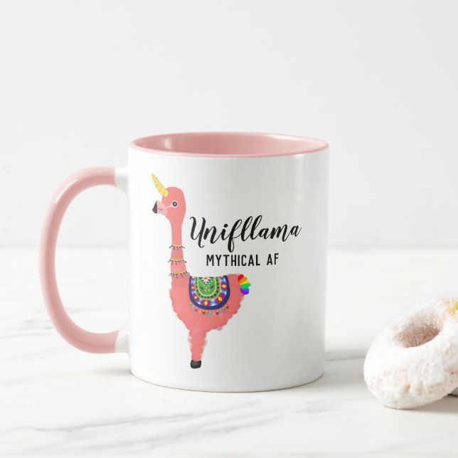Funny Unicorn Flamingo Llama Inspiring Unifllama Mug (With Donut)