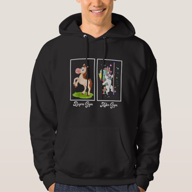 Funny Unicorn Illustration Before After Gym Hoodie (Front)