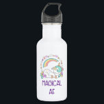 Funny Unicorn Magical AF with Girly Decorations Stainless Steel Water Bottle<br><div class="desc">A water bottle with a cute and funny design. A white uncorn with pastel colored mane and tail and 3 little stars on her back. A colorful rainbow overhead. Surrounded by a circular wreath made up of clouds, hearts and flowers for additional girly flair. The text says Magical AF. Humorous...</div>