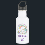 Funny Unicorn Magical AF with Girly Decorations Stainless Steel Water Bottle<br><div class="desc">A water bottle with a cute and funny design. A white uncorn with pastel colored mane and tail and 3 little stars on her back. A colorful rainbow overhead. Surrounded by a circular wreath made up of clouds, hearts and flowers for additional girly flair. The text says Magical AF. Humorous...</div>