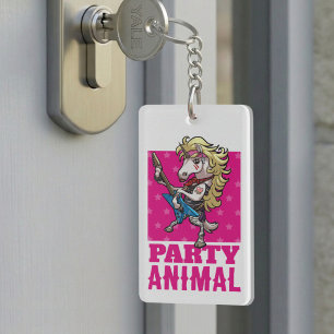 Funny Unicorn Party Animal Glam Rocker Cartoon Keychain