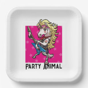 Funny Unicorn Party Animal Glam Rocker Cartoon Paper Plates