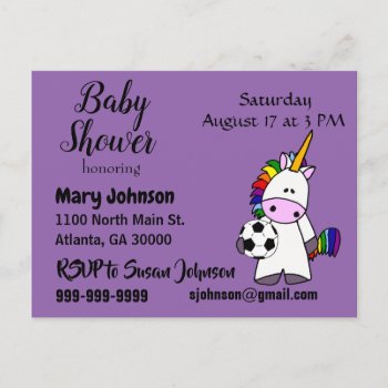 Funny Unicorn Playing Soccer Baby Shower Invitation Postcard by naturesmiles at Zazzle