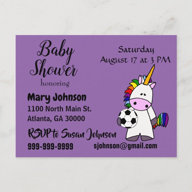 Funny Unicorn Playing Soccer Baby Shower Invitation Postcard (Front)