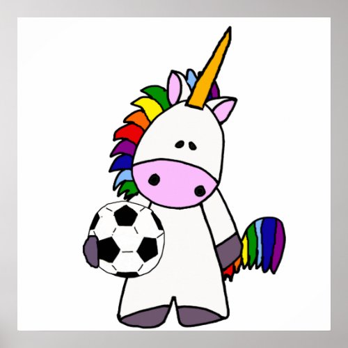 Funny Unicorn Playing Soccer Cartoon Poster