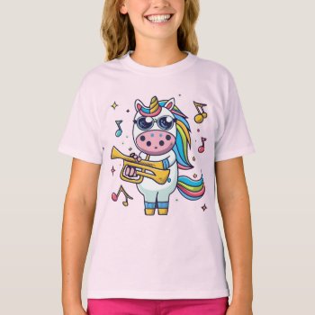 Funny Unicorn Playing Trumpet Music Cartoon T-shirt by naturesmiles at Zazzle