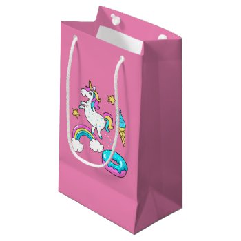 Funny Unicorn Pooping Rainbow Sprinkles On Donut Small Gift Bag by CrazyFunnyStuff at Zazzle