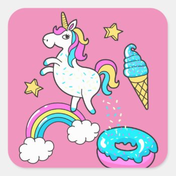 Funny Unicorn Pooping Rainbow Sprinkles On Donut Square Sticker by CrazyFunnyStuff at Zazzle