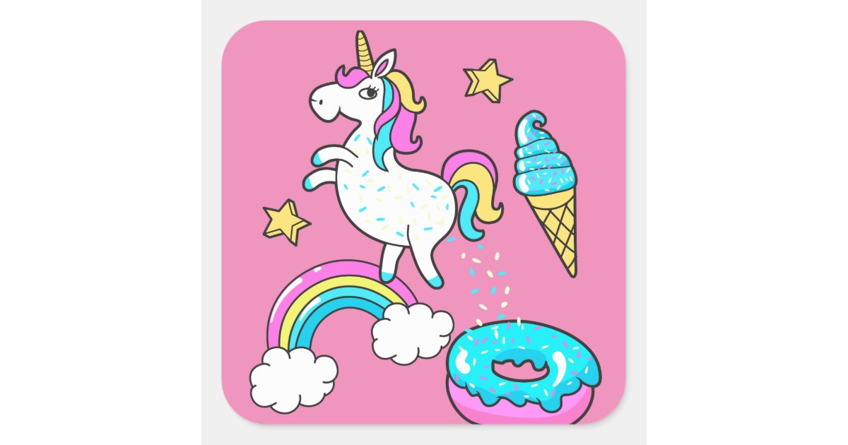 Funny unicorn pooping rainbow sprinkles on donut square sticker | Zazzle