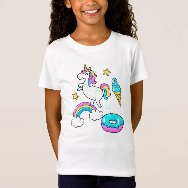 Funny unicorn pooping rainbow sprinkles on donut T-Shirt | Zazzle