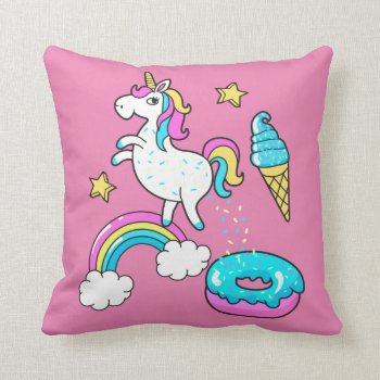 Funny Unicorn Pooping Rainbow Sprinkles On Donut Throw Pillow by CrazyFunnyStuff at Zazzle
