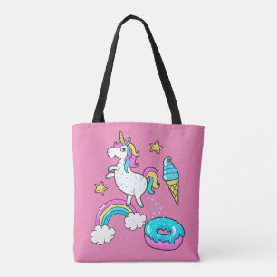 Funny unicorn pooping rainbow sprinkles on donut tote bag