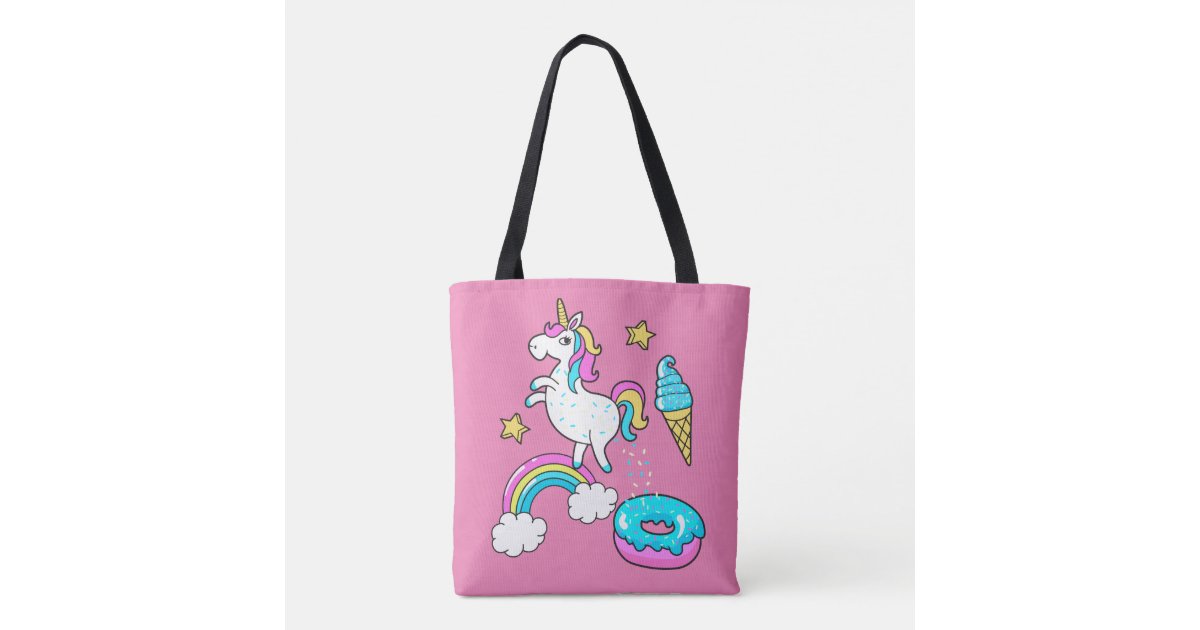Funny unicorn pooping rainbow sprinkles on donut tote bag | Zazzle