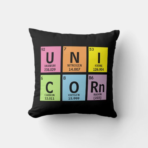 Funny Unicorn Rainbow Periodic Table of Elements Throw Pillow
