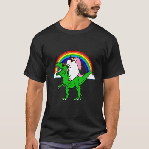 Funny Unicorn Riding Dinosaur Rex Rainbow Gift T_Shirt