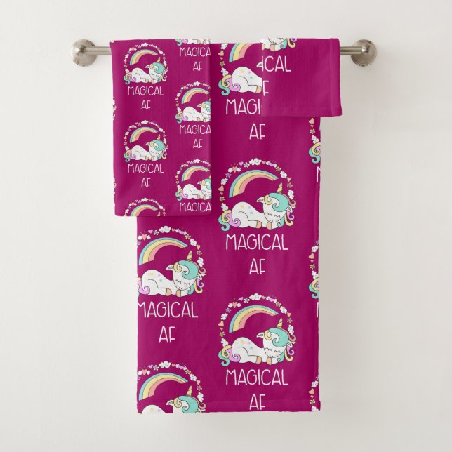 Funny Unicorn Saying Magical AF Bath Towel Set (Insitu)