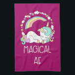 Funny Unicorn Saying Magical AF Illustration Kitchen Towel<br><div class="desc">Kitchen towel with a humorous design. A sleeping uncorn with a fancy mane and tail. Deocrated with a trio of stars stars. A rainbow arches overhead. A circle made up of clouds, hearts and flowers for additional girly flair. Typography says Magical AF. Humorous and cute. The background is a dark...</div>