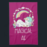 Funny Unicorn Saying Magical AF Illustration Kitchen Towel<br><div class="desc">Kitchen towel with a humorous design. A sleeping uncorn with a fancy mane and tail. Deocrated with a trio of stars stars. A rainbow arches overhead. A circle made up of clouds, hearts and flowers for additional girly flair. Typography says Magical AF. Humorous and cute. The background is a dark...</div>