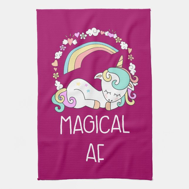 Funny Unicorn Saying Magical AF Illustration Kitchen Towel (Vertical)