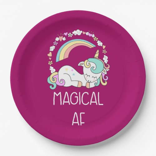 Funny Unicorn Saying Magical AF Illustration Paper Plates