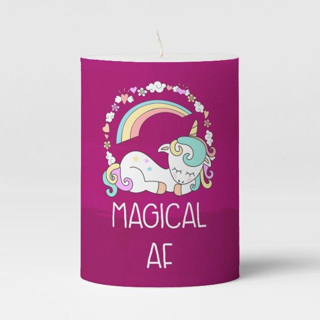 Funny Unicorn Saying Magical AF Pillar Candle (Front)