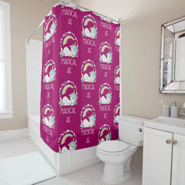 Funny Unicorn Saying Magical AF Shower Curtain (In Situ)