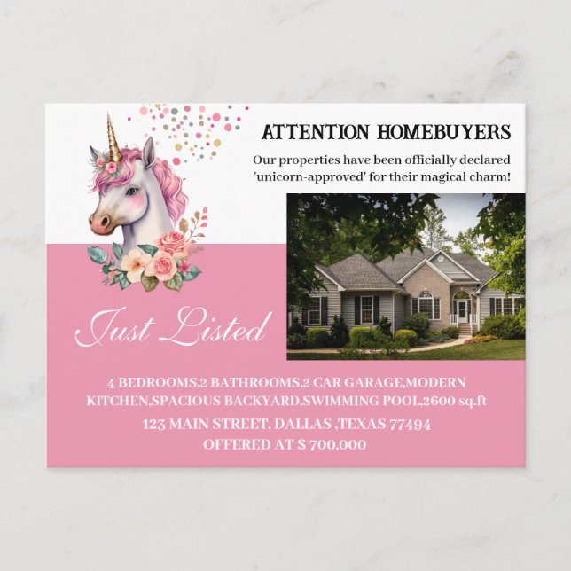 Funny Unicorn Themed Just Listed REAL ESTATE Postcard (Front)