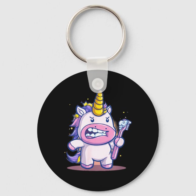 Funny Unicorn with Toothbrush and Teeth Graphic Keychain (Front)