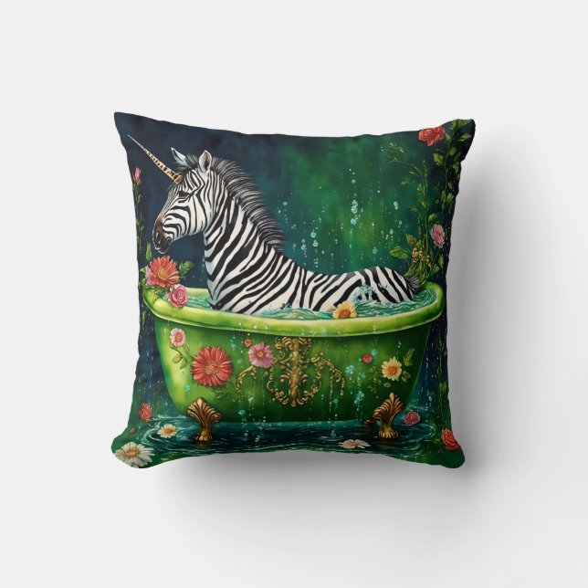 Funny Unicorn Zebra in a Bathtub Throw Pillow (Front)