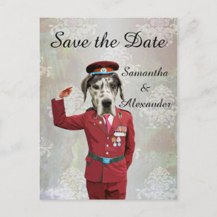 Funny uniformed military dog save the date announcement postcard