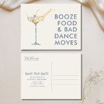 Funny Unique Wedding Save the Date Announcement Postcard<br><div class="desc">Make your announcement unforgettable with these funny unique wedding save the date postcards! Featuring a playful champagne glass design with a sparkling ring inside, the front boldly declares, ‘Booze, food, and bad dance moves’—perfect for couples who love to celebrate with humor and style. Personalize this design with your names, wedding...</div>