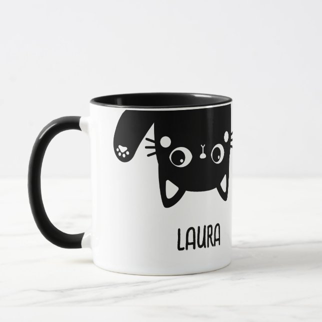 Funny Upside Down Black Cat with Name Mug (Left)