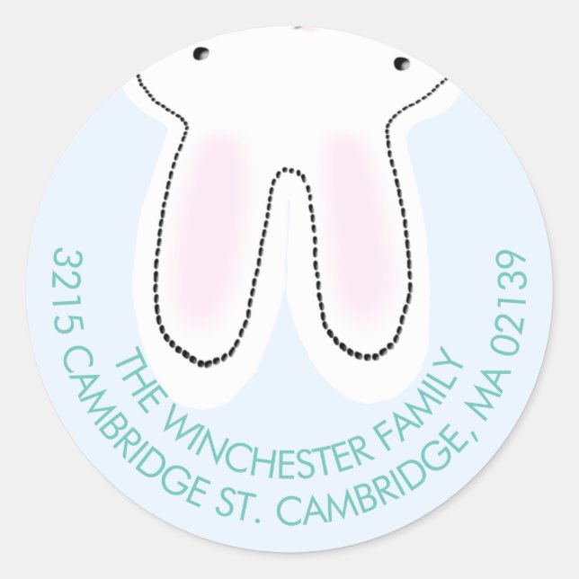 Funny upside down Easter bunny pale blue address Classic Round Sticker (Front)