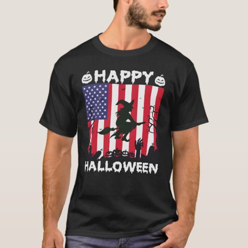 Funny USA Flag Happy Halloween Witch Pumpkin T_Shirt
