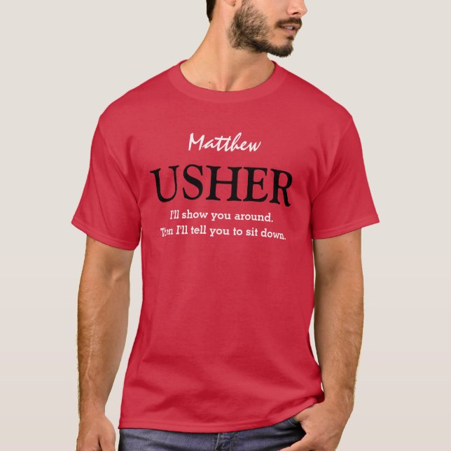 Funny Usher Customizable Wedding Party V03 RED T-Shirt (Front)