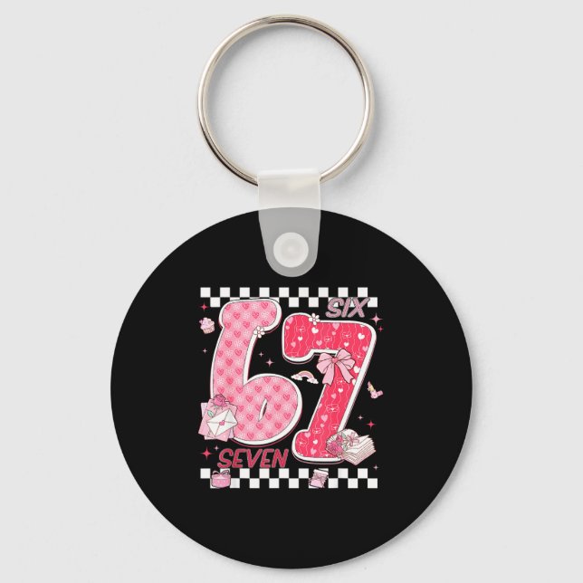 Funny Valentine 67 Six Seven Meme Pink Bow Boy Gir Keychain (Front)