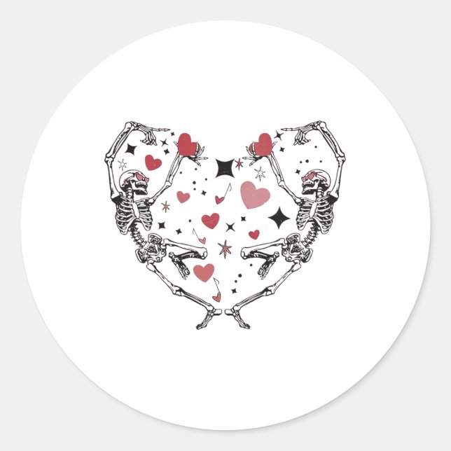 Funny Valentine Day Dancing Skeleton Heart  Classic Round Sticker (Front)