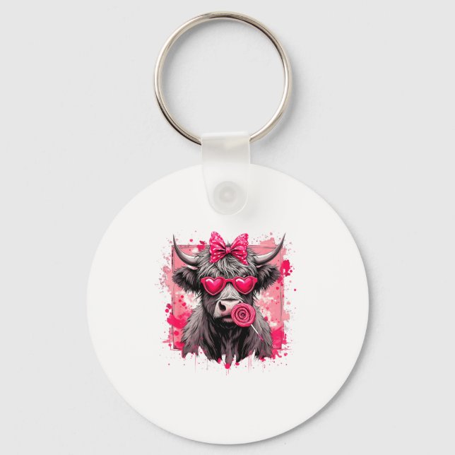 Funny Valentine Highland Cow Lollip Heart Art Nk L Keychain (Front)