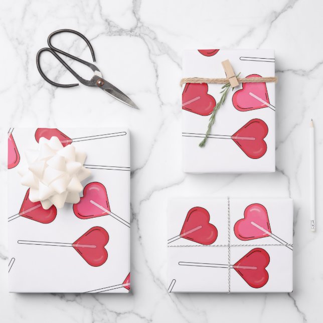 Funny Valentine Red Heart | Lollipop Pattern    Wrapping Paper Sheets (Front)
