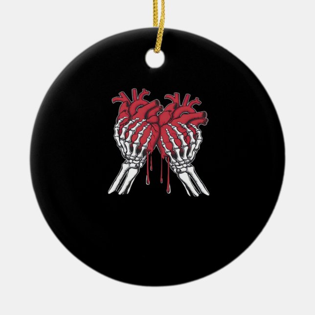 Funny Valentine Skeleton Heart Hands Classic Style Ceramic Ornament (Front)