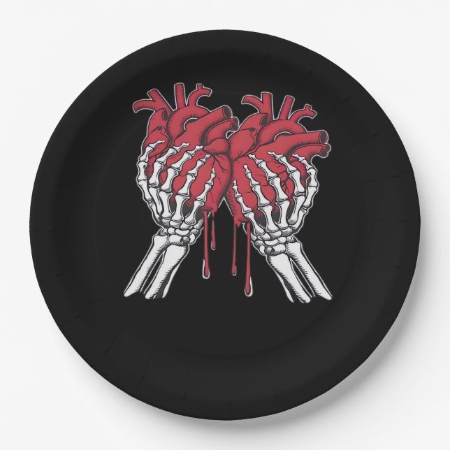 Funny Valentine Skeleton Heart Hands Classic Style Paper Plates (Front)