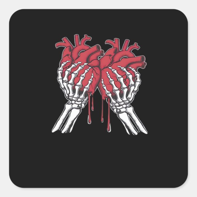 Funny Valentine Skeleton Heart Hands Classic Style Square Sticker (Front)