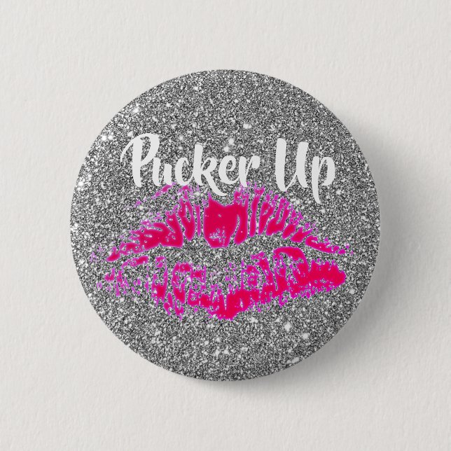 Funny Valentines Bright Pink Kiss Silver Glitter Button (Front)