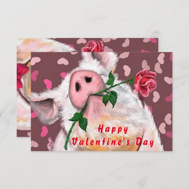Funny Valentine's Day Card Gentleman Pig with Rose (Front/Back)
