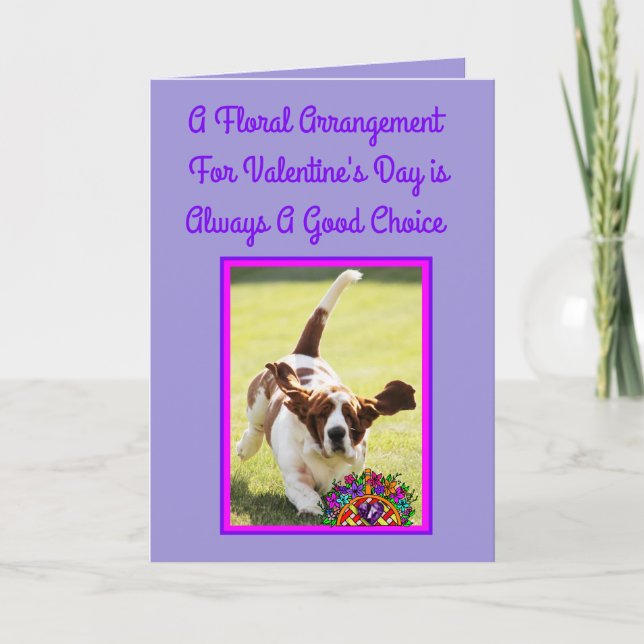 Funny Valentine's Day Card w/Cute Basset & Flowers (Front)
