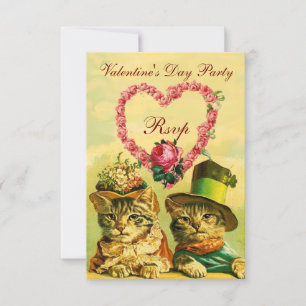 FUNNY VALENTINE'S DAY CATS, PINK ROSE HEART RSVP INVITATION
