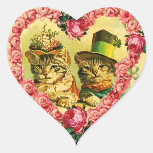 FUNNY VALENTINES DAY CATS WITH PINK ROSE HEART HEART STICKER