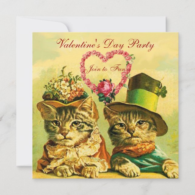 FUNNY VALENTINE'S DAY CATS WITH PINK ROSE HEART INVITATION (Front)