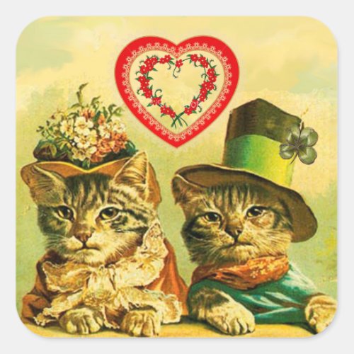 FUNNY VALENTINES DAY CATS WITH RED FLORAL HEART SQUARE STICKER